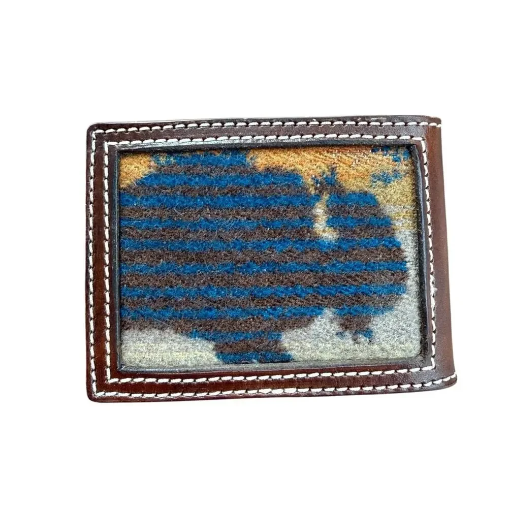 Hand Tooled Leather Money Clip Wallet Buffalo Blanket Inlay Handmade Western
